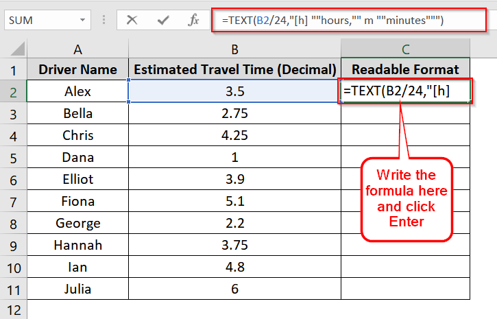 Use TEXT Function with hh and m