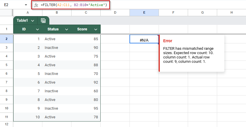 Fix Filter Range Mismatch Error in Google Sheets