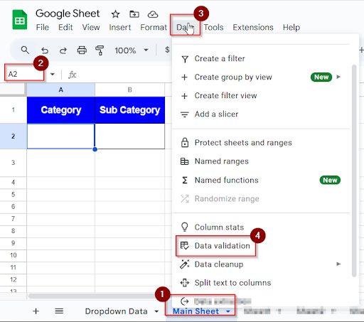 clicking data and data validation in the main sheet