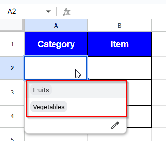 dropdown list in cell A2
