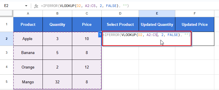 writing formula in cell E2
