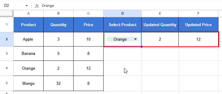 result of updating cell value