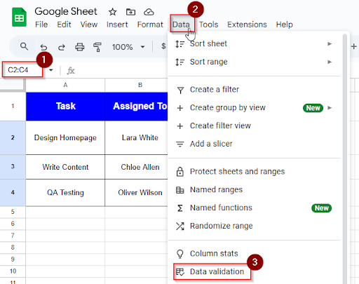 clicking data and data validation option in cells C2:C4
