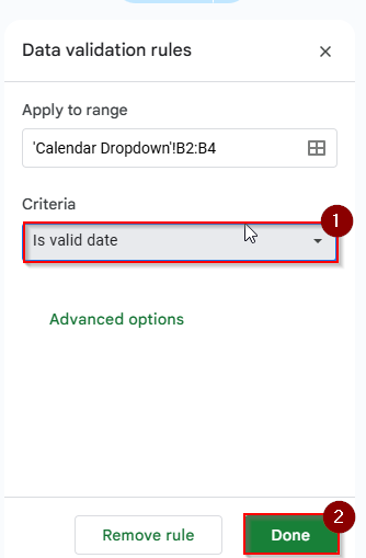 selecting criteria is valid date
