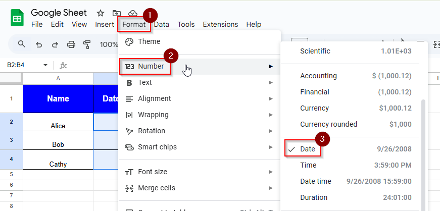 clicking Format, number, date