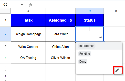 clicking edit icon to edit dropdown lists