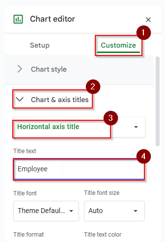click customize > chart and axis title > horizontal axis title and type title