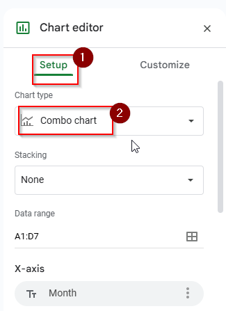 click setup and combo chart option