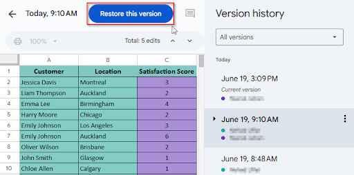 restore version option working smoothly