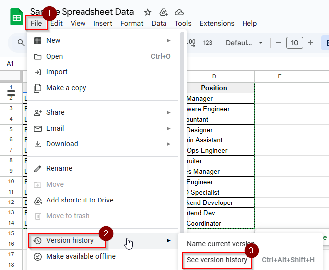 File > Version history > See version history