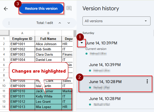 restore this version button
