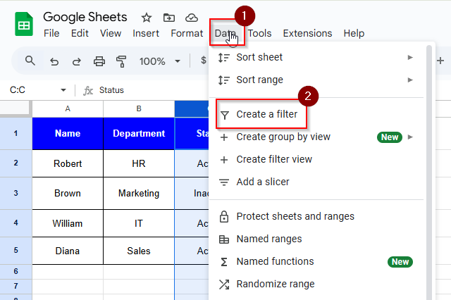 Clicking on Data and Create a Filter option