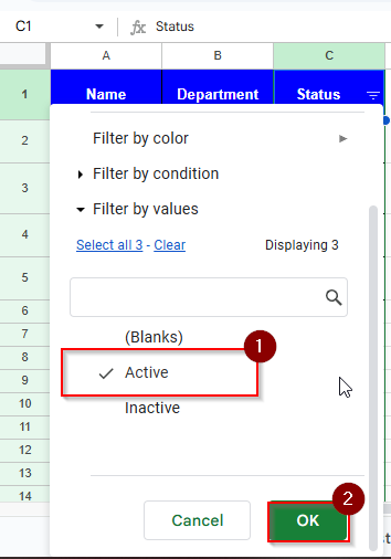 Selecting Active and clicking Ok button