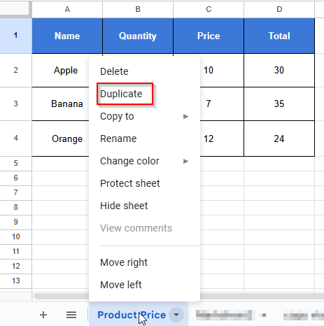 Selecting duplicate option from the menu to copy a sheet