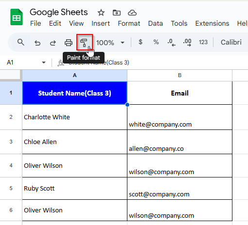 Clicking paint Format icon