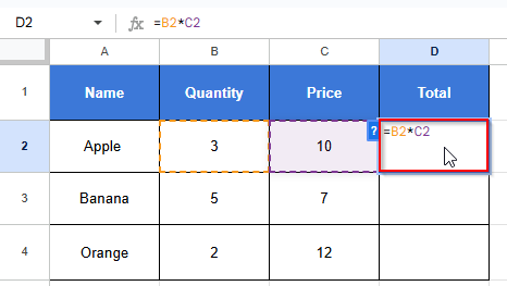 Writing formula on cell D2 =B2*C2