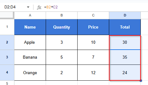 Dragging formula down to cell D4