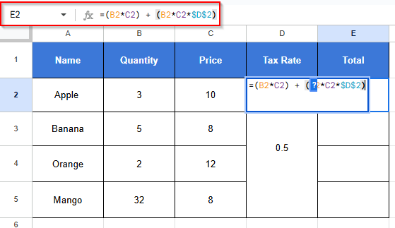 Writing formula on cell E2 : =(B2*C2) + (B2*C2*$D$2)
