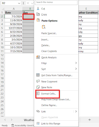 choosing format cells option in cell B2