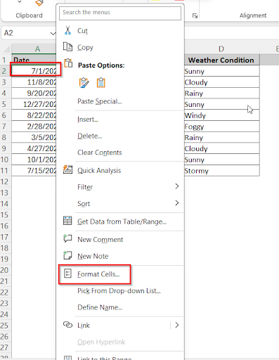 choosing format cells in cell A2