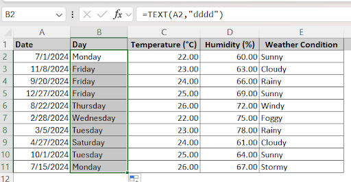displaying the days of the week