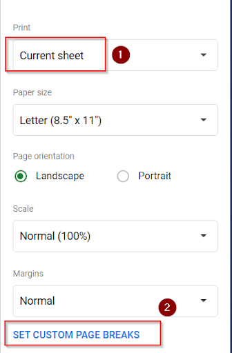 choosing current sheet and set custom page break option