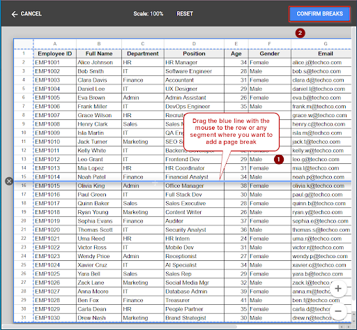 dragging the blue line to see page break view