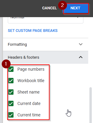 checking headers and footers options