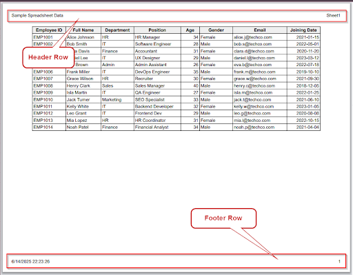 header and footer in the print preview