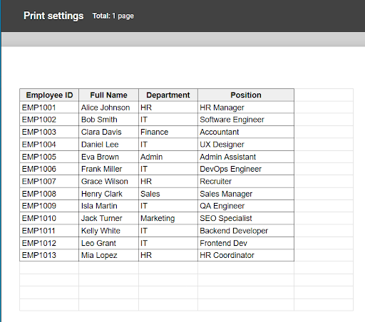 Print preview with gridlines