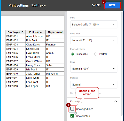 unchecking show gridlines option