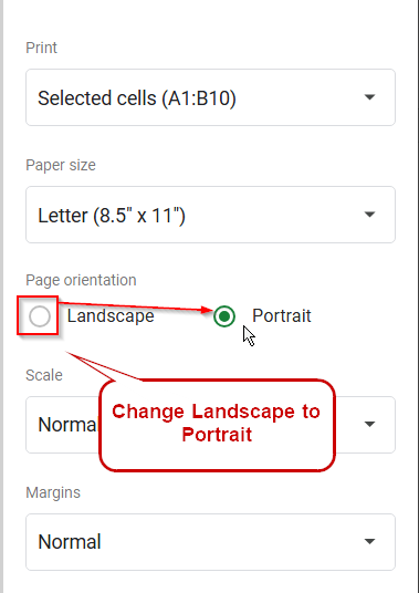 choosing portrait option to change the page orientation
