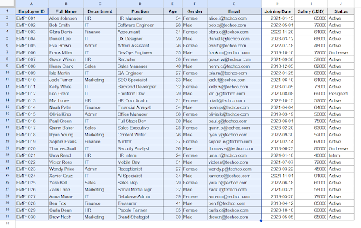 selecting cells A1:G31