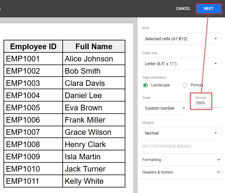 increasing the scale percent to 250 %
