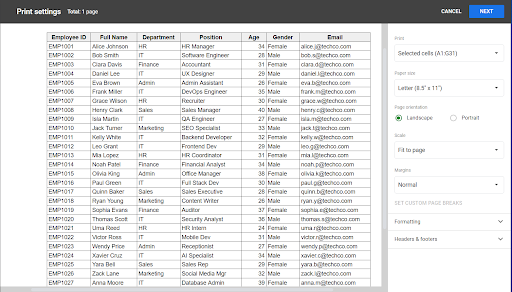 selected cells in the print settings