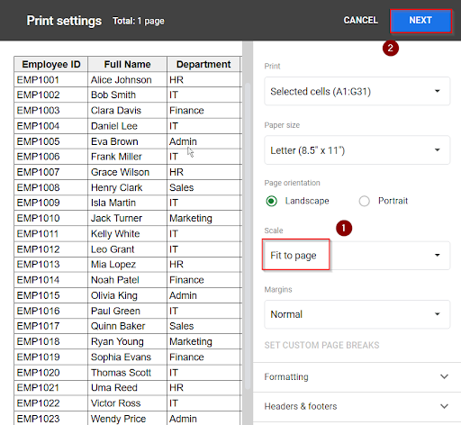 choosing fit to page option