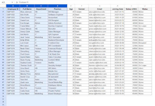 selecting columns A:D 