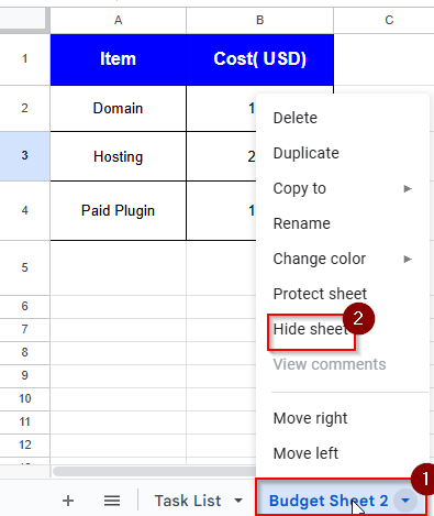 hiding budget sheet image in the view and hide method