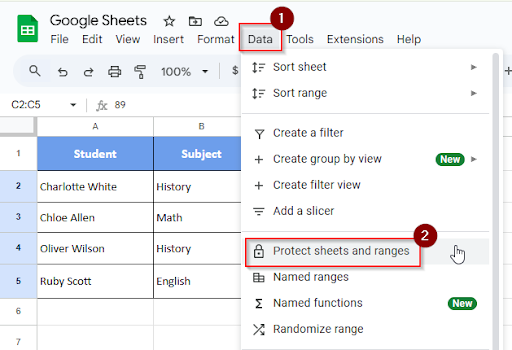 selecting data and protect sheet range image in the protect column method