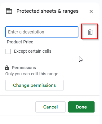 clicking trash bin icon to unprotect sheet