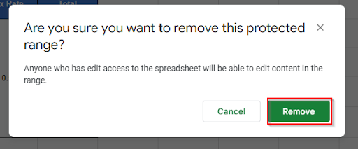 clicking remove option to unprotect sheet