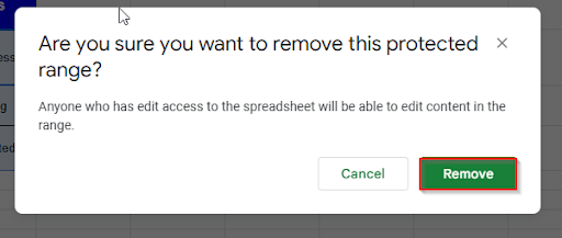clicking remove option to unprotect cells
