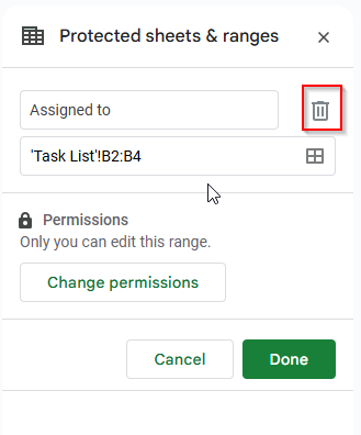 clicking trash icon to remove assigned to cell ranges