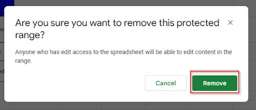 clicking remove option to remove all protected ranges