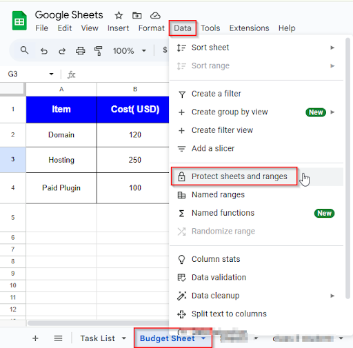 clicking data and protect sheet ranges in budget sheet