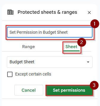 clicking on sheet, and add description then click set permission in the set permission per sheet method