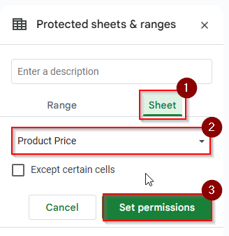 clicking set permissions option in product price sheet