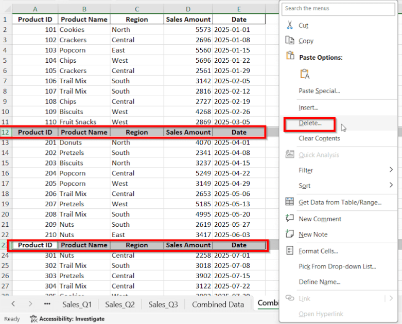 delete repetitive header rows