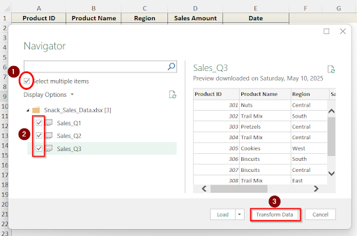 clicking transform data option