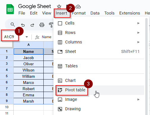selecting cells and click insert> pivot table
